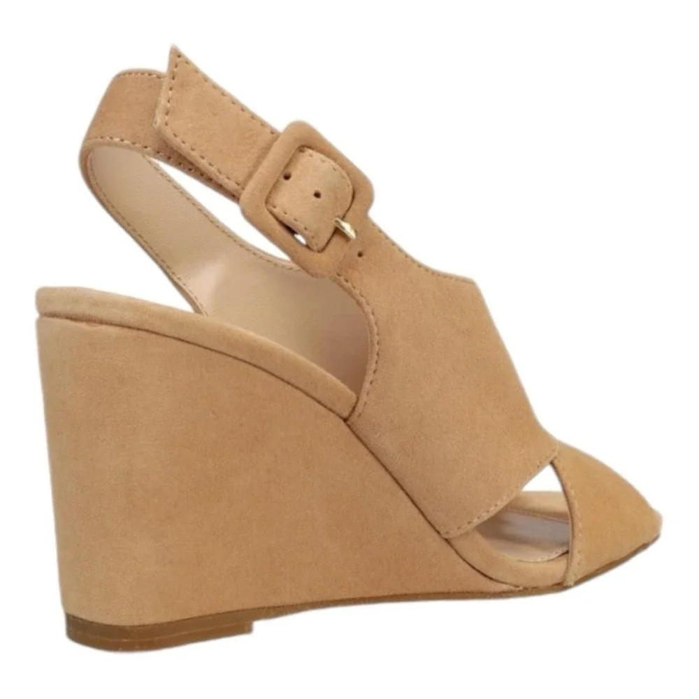 Pelle Moda Rina-Su Latte Suede Wedge Sandals Tan‎ Slingback Buckle Womens 9.5M